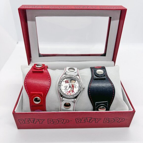 Betty Boop Watch set with 3 leather bands, New in Box - NEW BATTERY - Picture 1 of 7